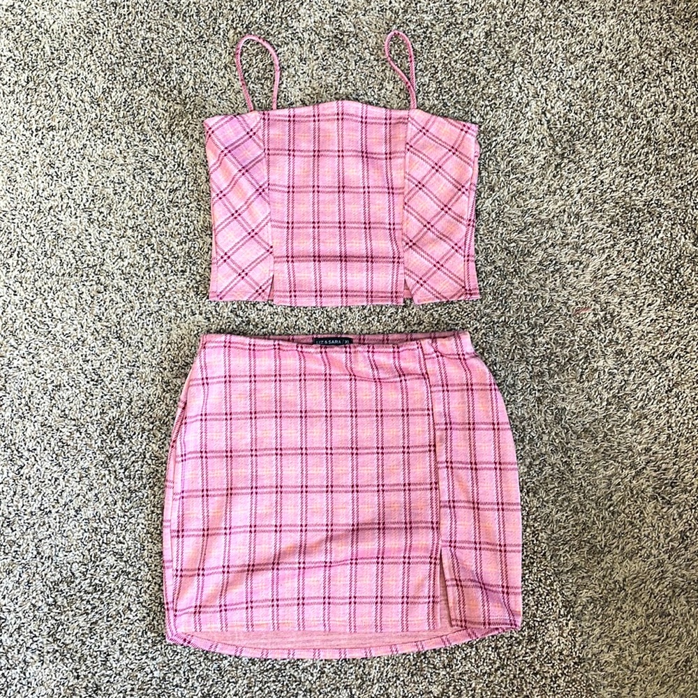Pink Plaid Matching Top & Skirt